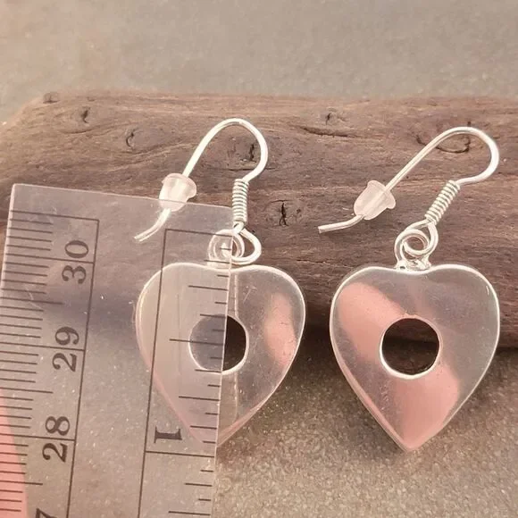 Sterling Vintage Modern Open Hole Heart 3D Dangle Drop Earrings - Picture 4 of 5